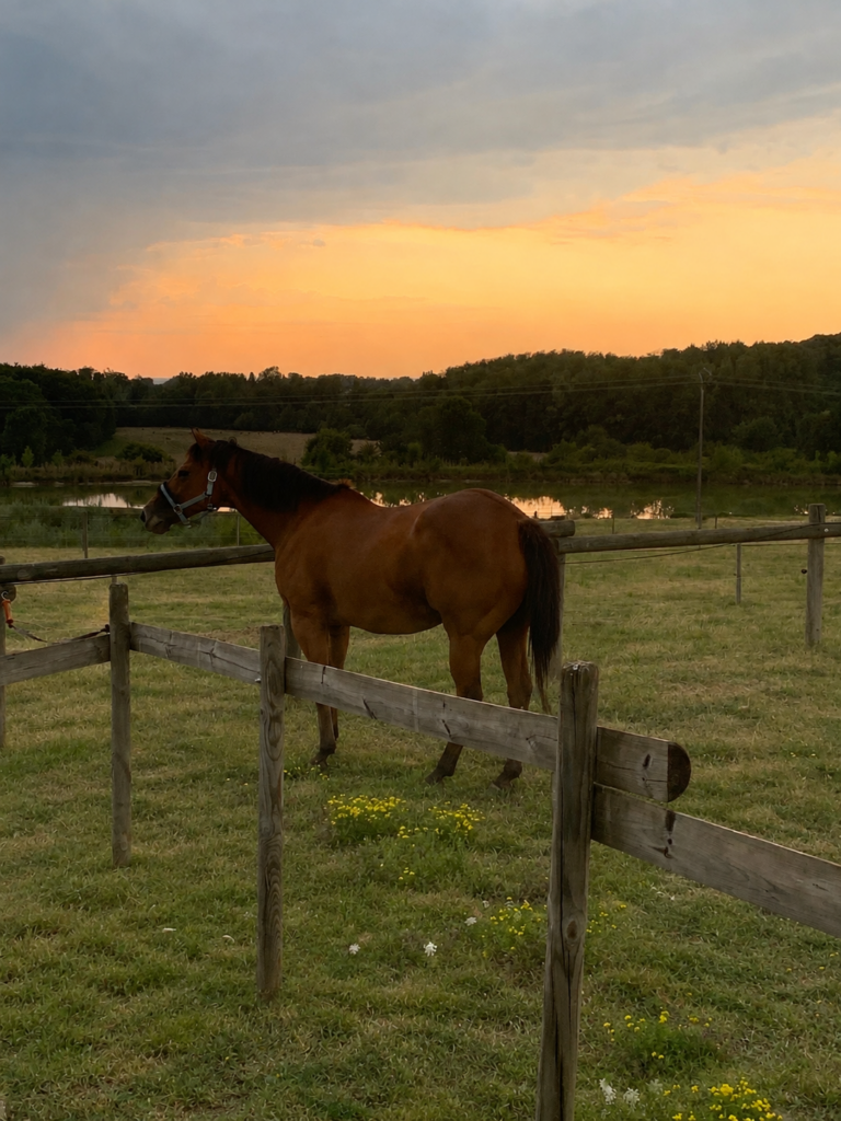 Cheval profitant de son pré aux Écuries d'Eurofarm à Confrançon, pension avec espaces extérieurs dans l'Ain.