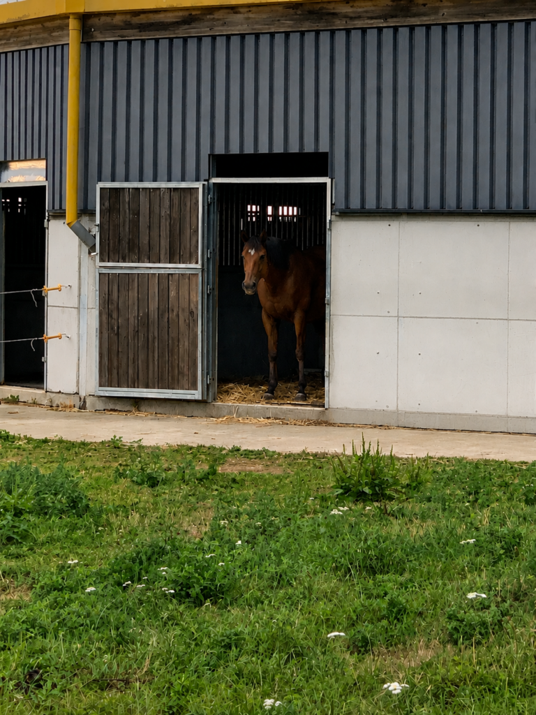 Cheval dans un box de 14 m² avec terrasse et accès au pré aux Écuries d'Eurofarm à Confrançon, entre Bourg-en-Bresse et Mâcon.