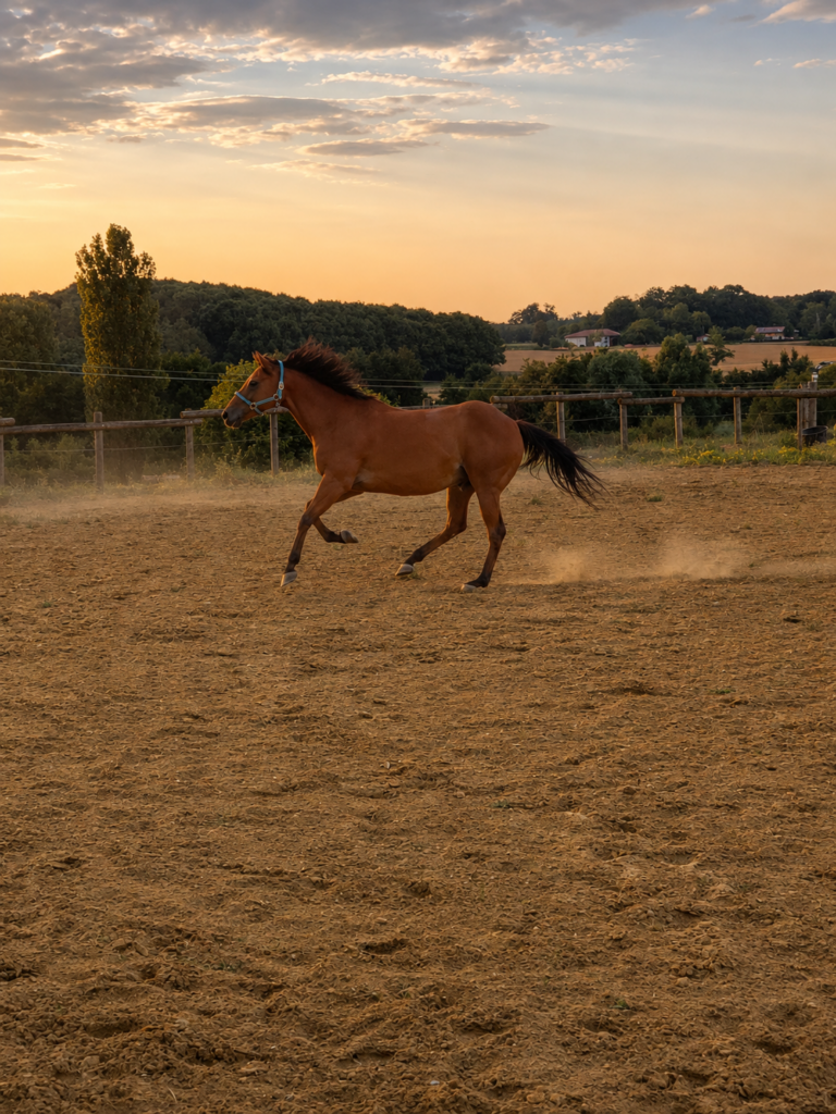 Cheval au galop dans une carrière des Écuries d'Eurofarm à Confrançon, pension pour chevaux entre Bourg-en-Bresse et Mâcon.